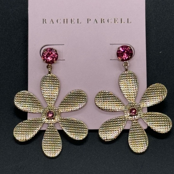 Rachel Parcell Pink Crystal Dangling Flower Statement Earrings - Picture 2 of 8